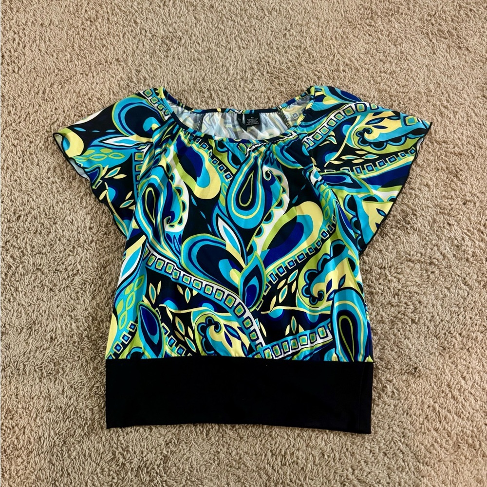 New Directions Blue and Green Patterned Blouse